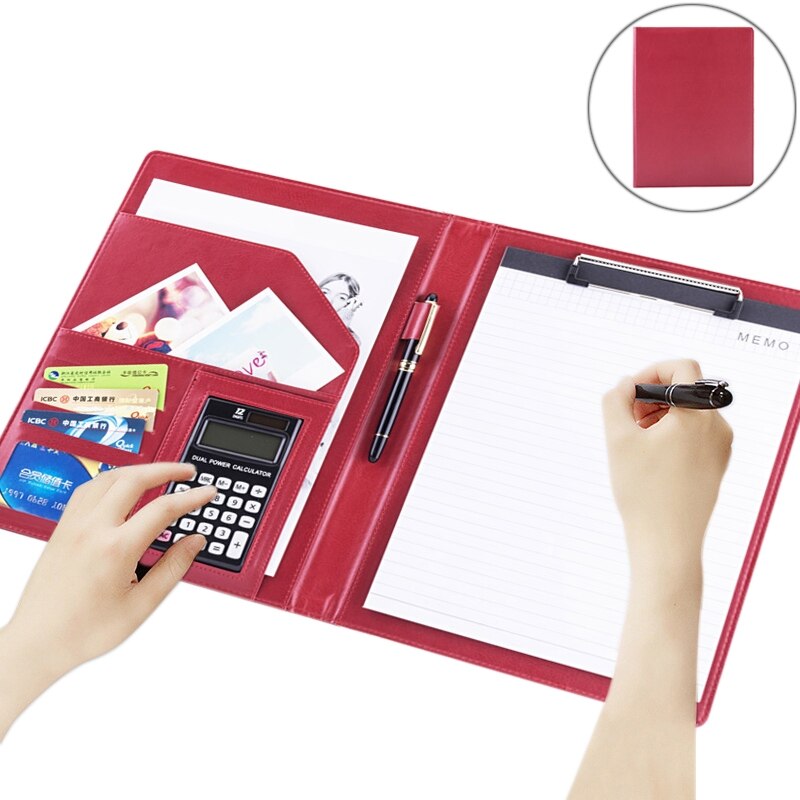 Office Supplies Business Style Leather Document Folder with 30-pages A4 Note Pad &amp; Calculator: Rose Red
