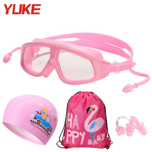 YUKE Kids Swimming goggles Anti-Fog With Swim Cap Bag Children swim Eyewear Waterproof Boys Girls Pool glasses: Pink