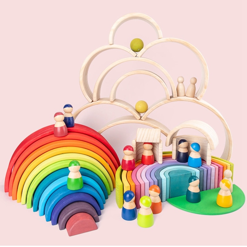 Giocattoli del bambino Arcobaleno Stacker Giocattoli di Legno Per I Bambini Che Imparano Building Blocks Creativo Montessori Educativo Variopinto Giocattolo