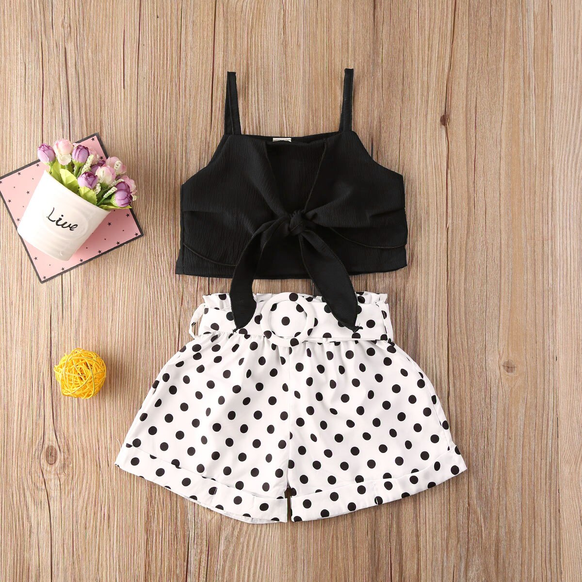 Emmababy Kleinkind Baby Mädchen Kleidung Sommer Einfarbig Band Bowknot Crop Tops Polka Dot Kurze Hosen 2Pcs Outfits Kleidung 1-6Y: Black / 4T