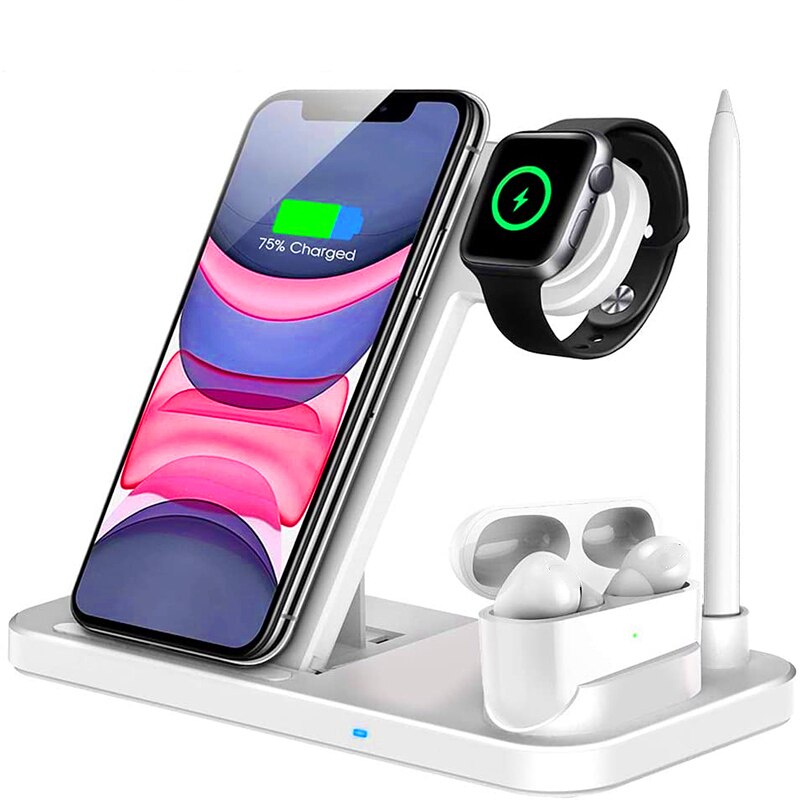 4 i 1 qi 15w rask trådløs lader til iphone 8 x xr  xs 11 samsung  s20 s10 ladestasjon til eple se 5 4 3 2 airpods pro: Typeb 10w hvit