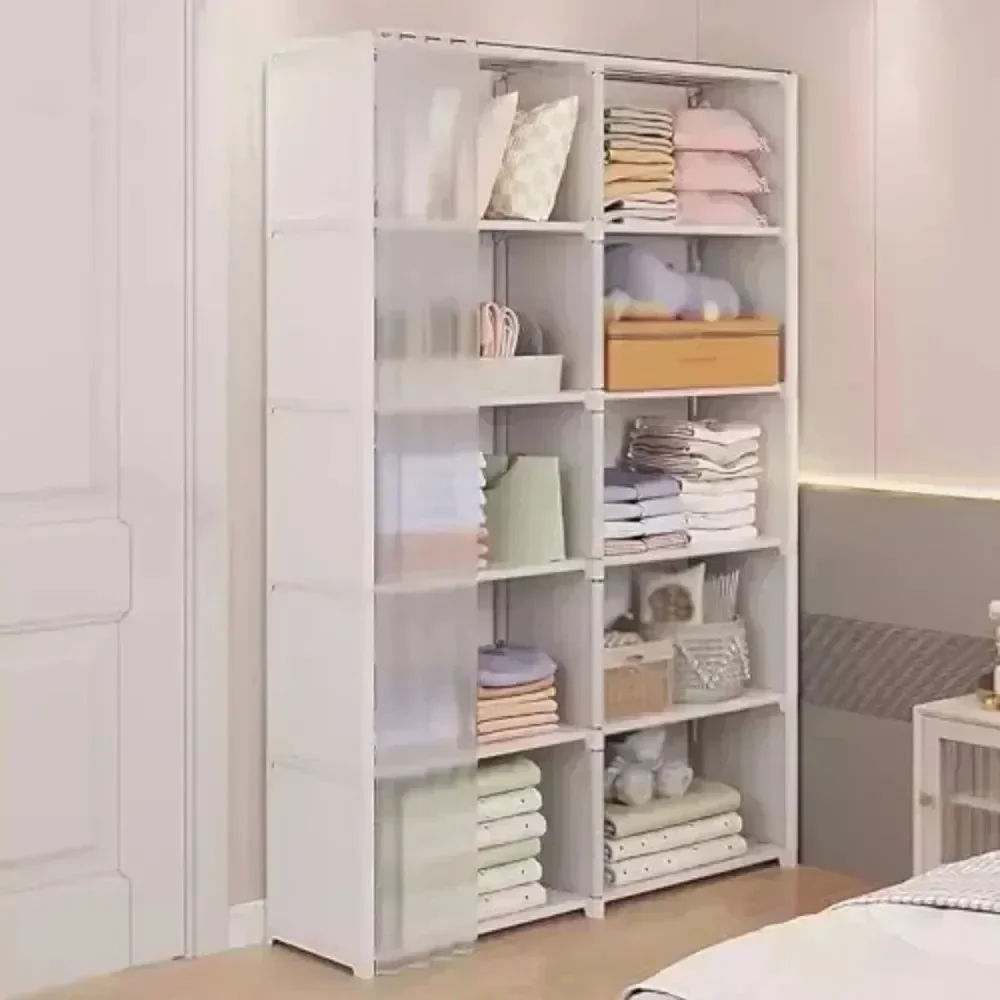 Armoire de rangement anti-poussière pour chambre à coucher T1 avec rideaux, bibliothèque simple, armoires multicouches, grande capacité