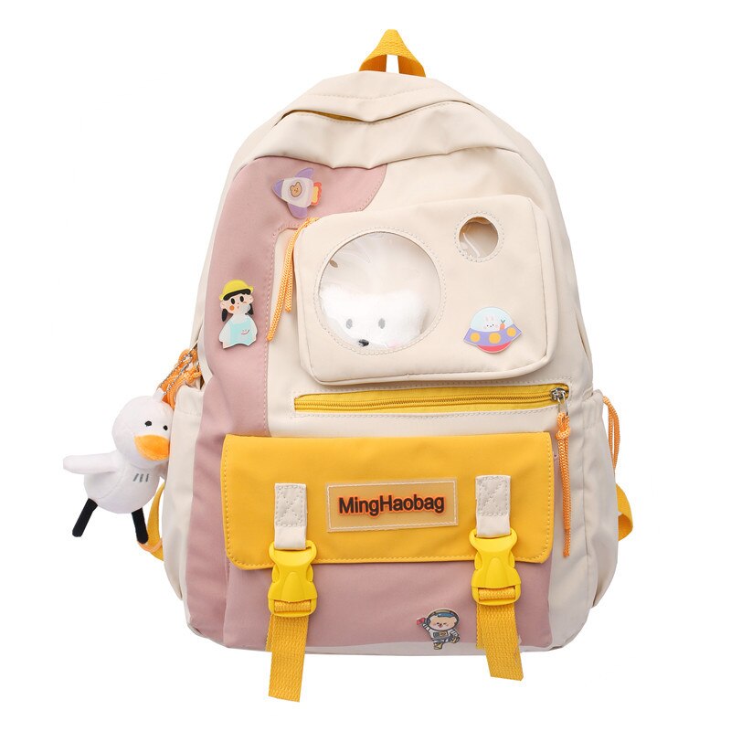 Kawaii Nylon Vrouwen Rugzak Mode Waterdichte Rugzak Voor Tienermeisjes Schooltas Leuke Student Boekentas Reizen Mochila: pink / with duck cat pendan