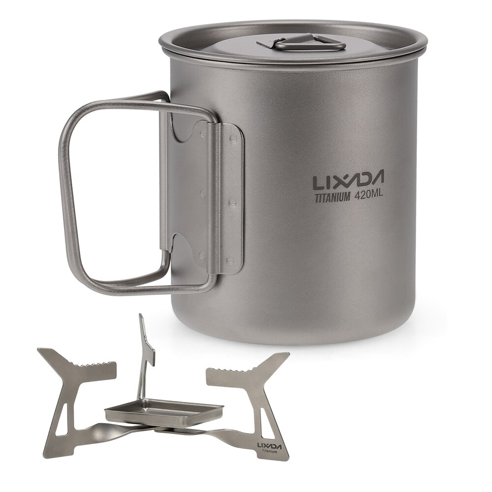 Lixada extérieur 4 pièces Camping titane batterie de cuisine ensemble 550ml tasse à eau tasse pliant solidifié alcool poêle Spork cuillère pare-brise: 420ml with stove