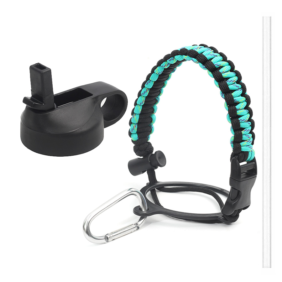 Hydro Flask Thermos Wide Mouth Bottle Safety Ring and Carabiner Paracord Handle with Insulated Wide Mouth Cap + Water Cup Strap: Green