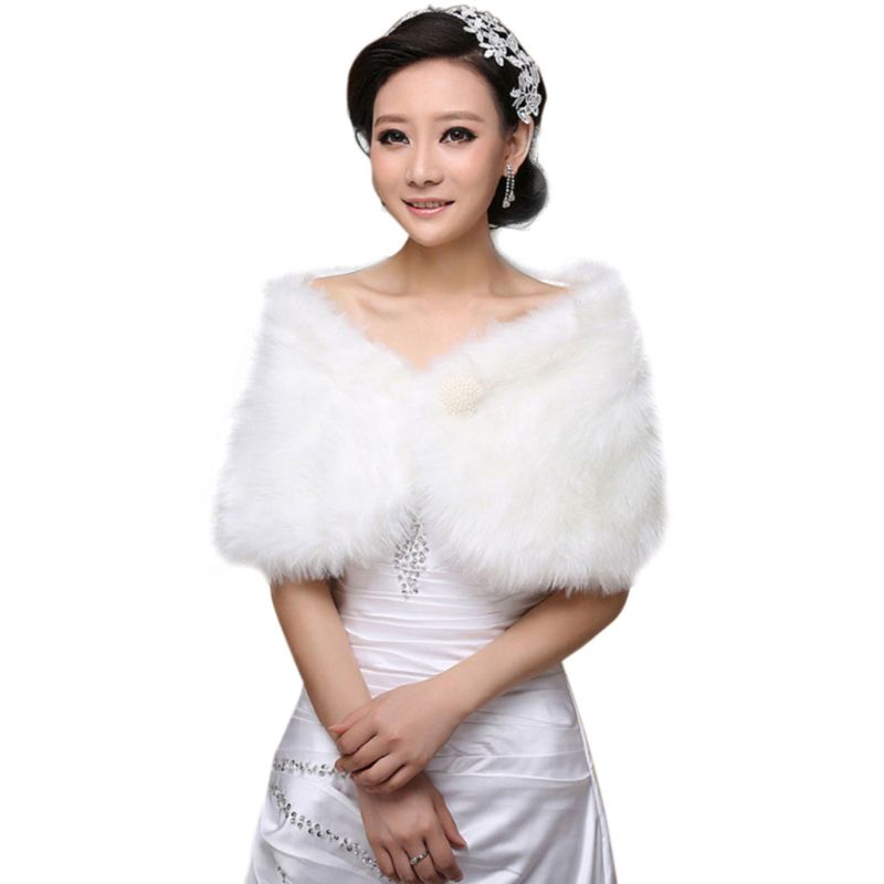 Womens Wit Faux Fur Bruids Wrap Stola Sjaal Cape Bruiloft Kunstmatige Parel Bal Versiering Winter Jasje Bolero