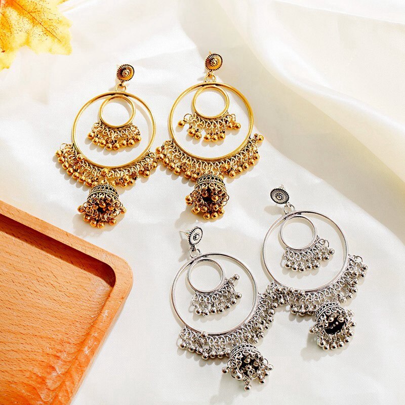 Retro Indian Jewelry Jhumka Jhumki Earrings Gypsy Gold Silver Color Tassel Earrings For Women Jewelry