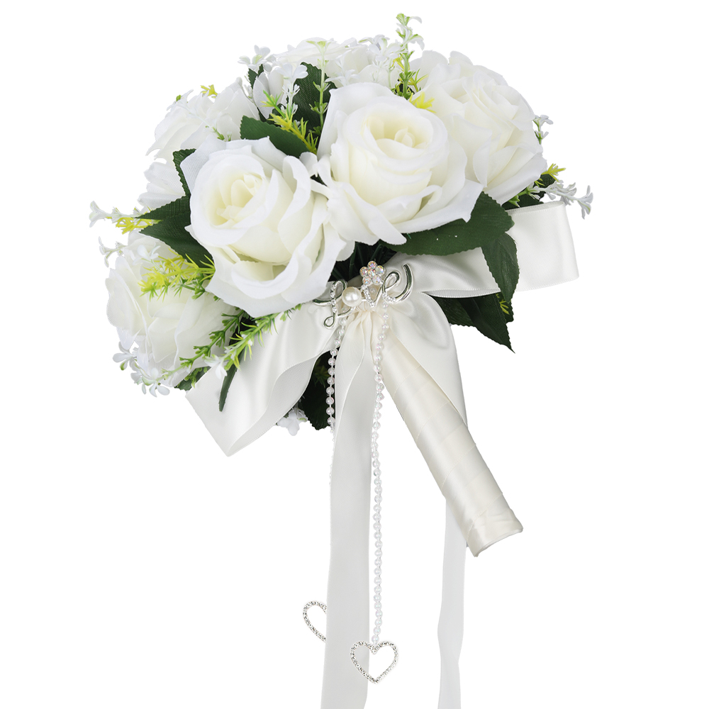 1 weißer Rosen-Hochzeits-Brautstrauß, mit „Liebe“-Dekor, für Hochzeiten, Valentinstag, Verlobungsfeiern: WEISS
