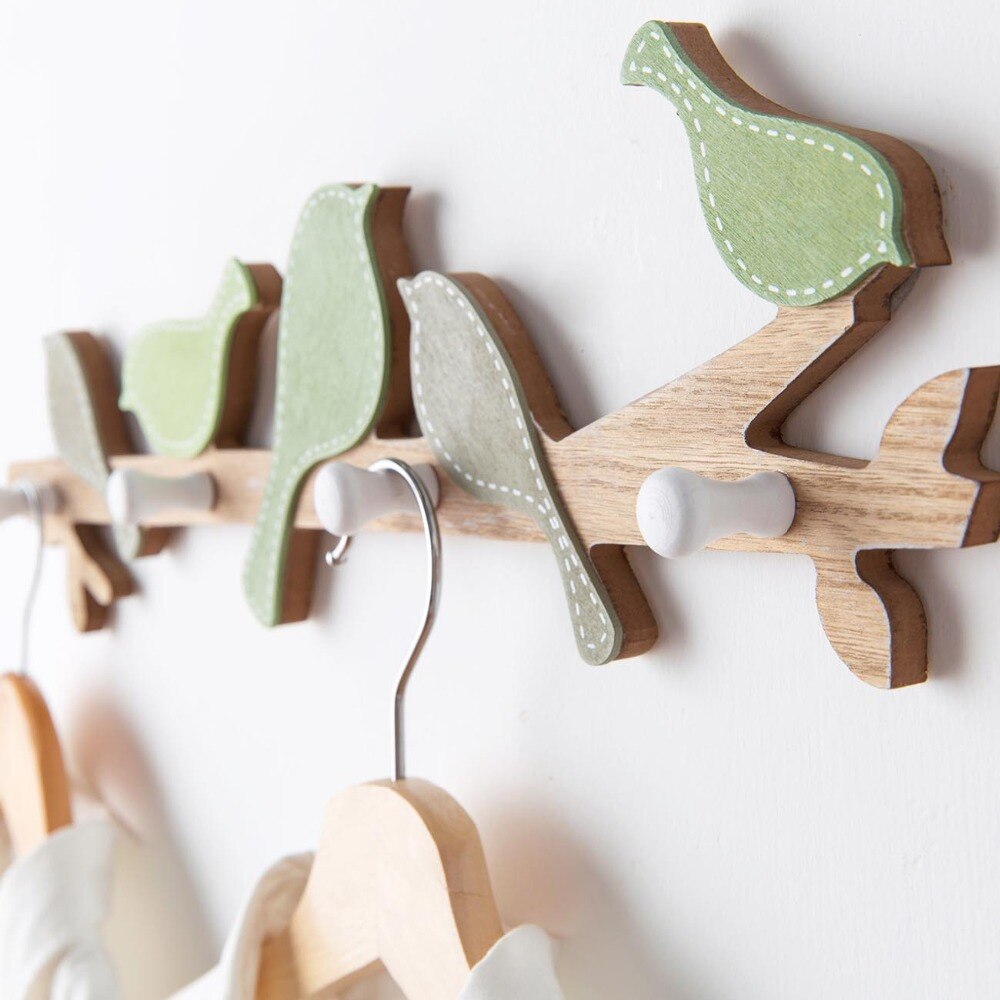Houten Zingen Vogel Muur Hanger Haken Rek Kleren Hoed Sleutel Paraplu Organizer Met 4 Haken Kinderen Thuis Kamer Decoraties