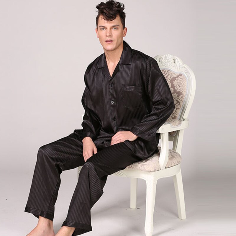 Pijama clásico de lujo con a rayas para hombre, ropa de dormir de manga larga, Tops, pantalones, Pijama de seda de hielo, conjunto