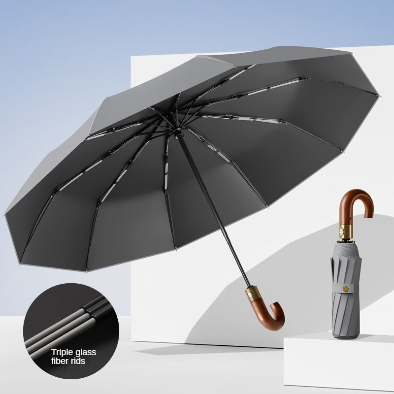 Paraguas automático grande portátil, mango curvo, fácil de usar, soporte para paraguas de 10 huesos y 3 secciones, más fuerte: Gris