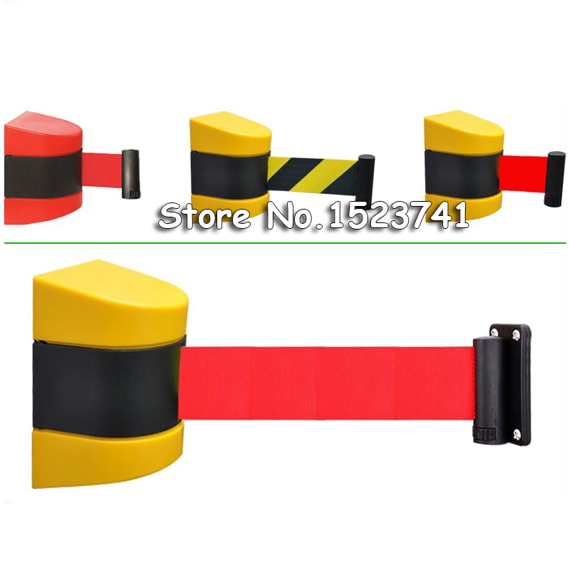 Max 10m belt length wall mounted retractable belt barrier with yellow / black striped caution belt for separated region