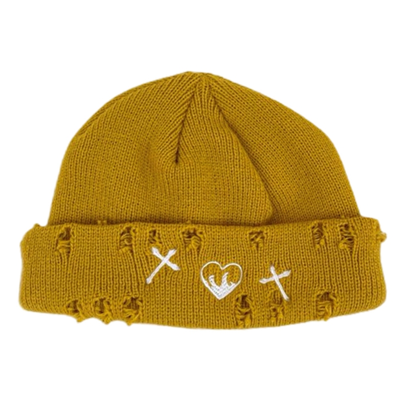 Gorro de lana de punto Flexible con agujeros rotos, cálido, diario, invierno salvaje: Yellow