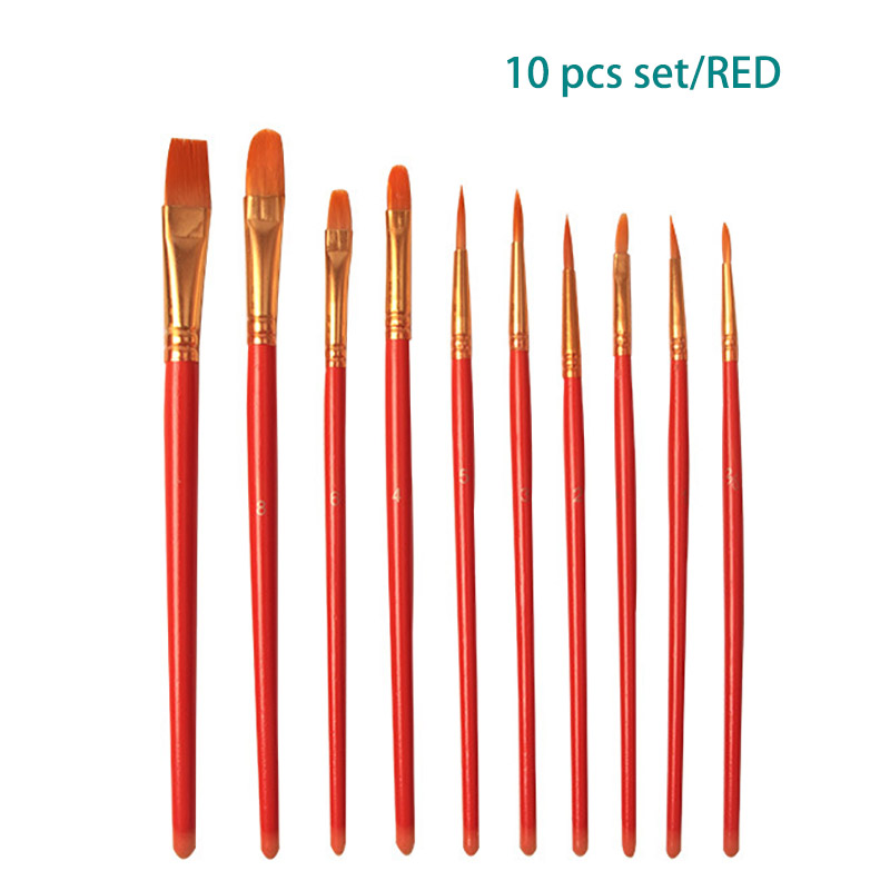 10 Pcs Set Nylon Hair Children's Artists Painting Brush Art Special Multifunction Hook Line Short Pointed Pen Available 4 Colors: Red