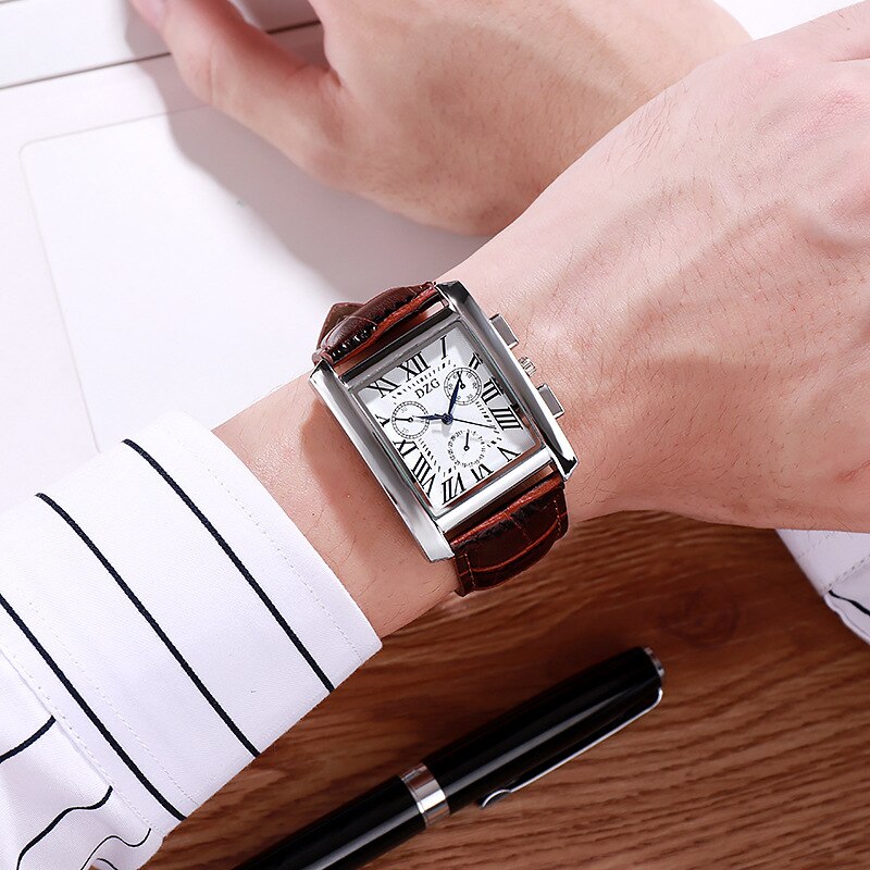 Reloj cuadrado DZG para hombre, reloj de pulsera de cuero de cuarzo resistente al agua, reloj para hombre, reloj Masculino, hodinky erkek kol saati: BROWN