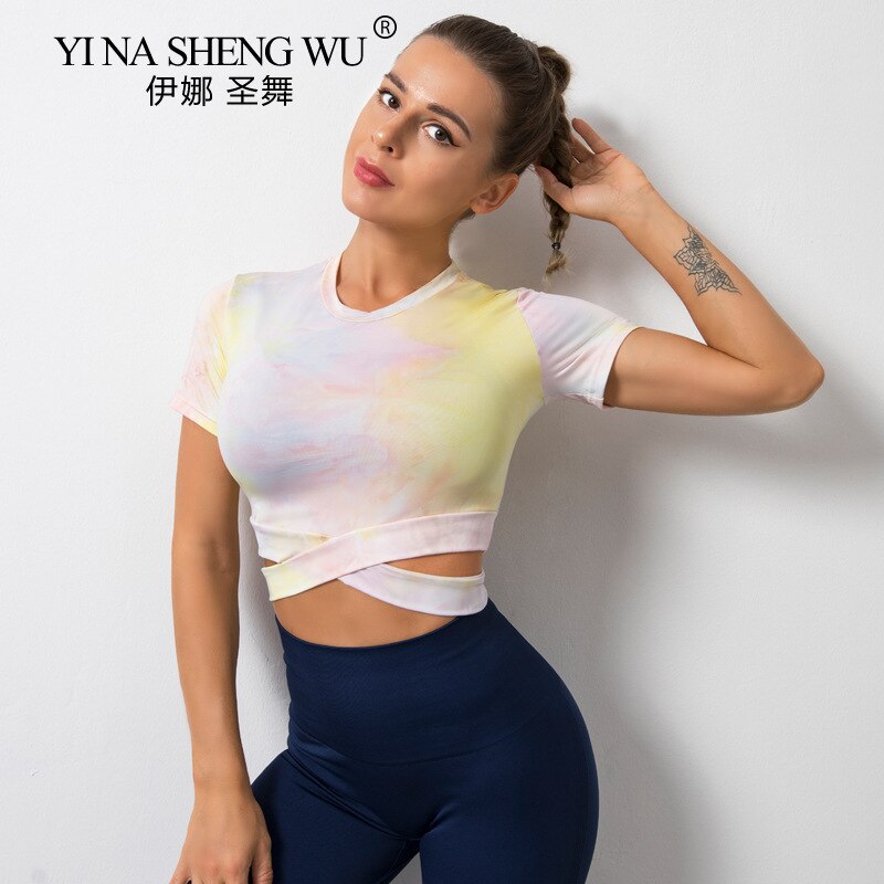 Verven Naadloze Yoga Top Gym Fitness Kleding Sportkleding Hoge Taille Gym Leggings Korte Mouwen Sport Shirt Tie Dye Yoga tops