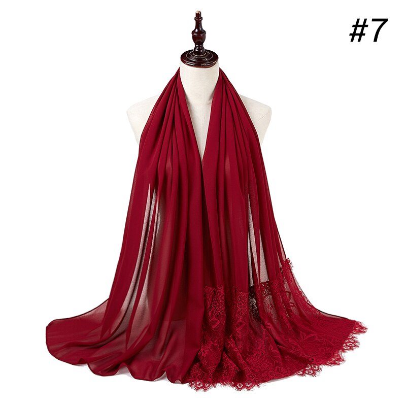 Vrouw Vlakte Kant Sjaal Buble Chiffon Moslim Sjaal Moslim Effen Kleur Lady Uitlaat Luxe Foulard Hijaabs: color 7