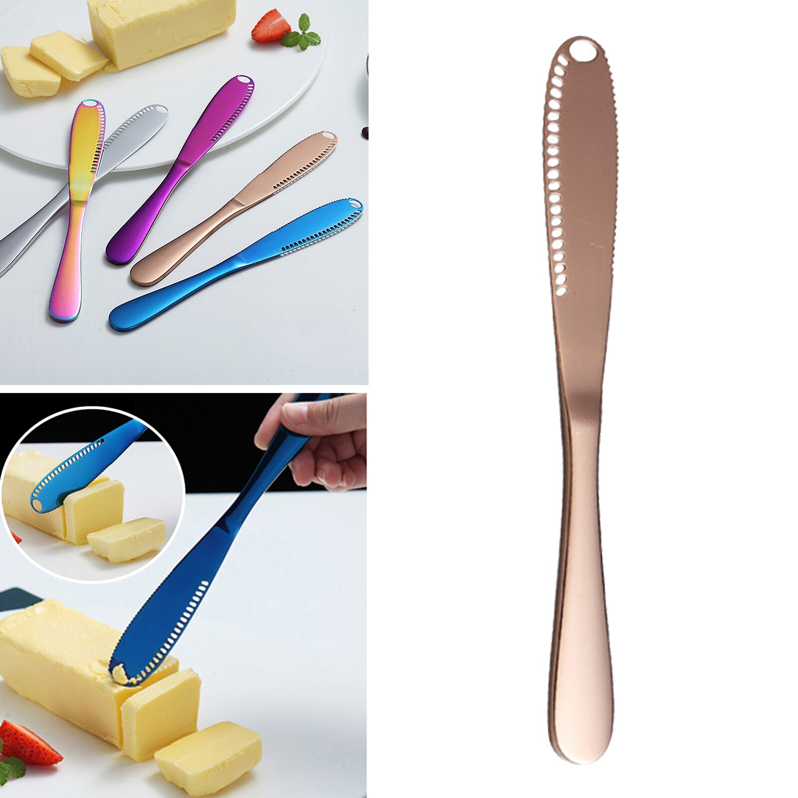 Multifunction Stainless Steel Butter Knife with Hole Cheese Dessert Knife Cutlery Tool Kitchen Toast Bread Knife Tableware: Rose Golden