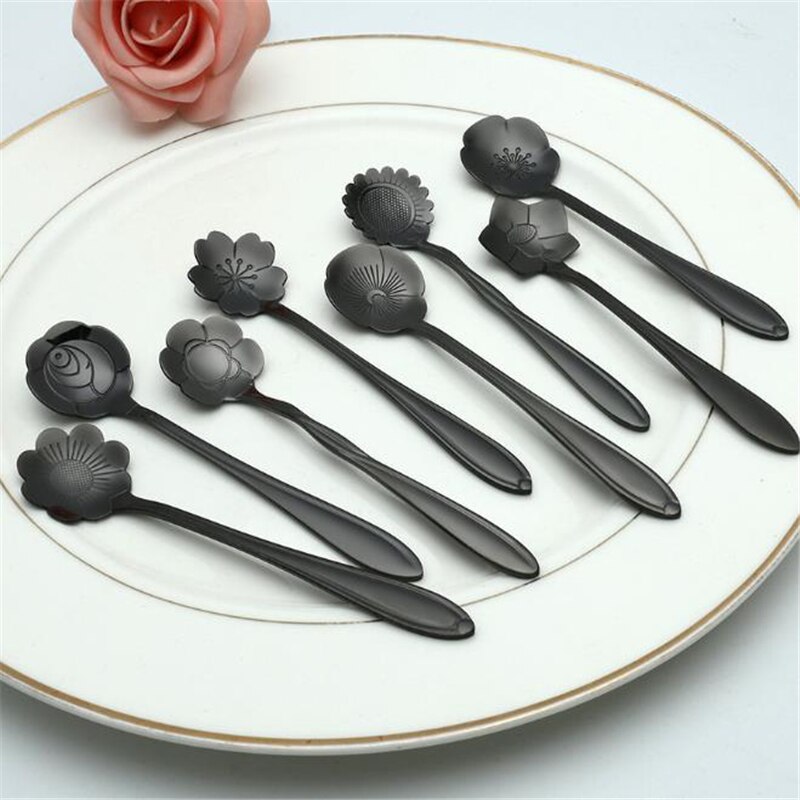 8Pcs/Set Flowers Gold Spoon Long Handle Dessert Tea Coffee Mixing Spoon Stainless Steel Vintage Teaspoons Drink Tableware
