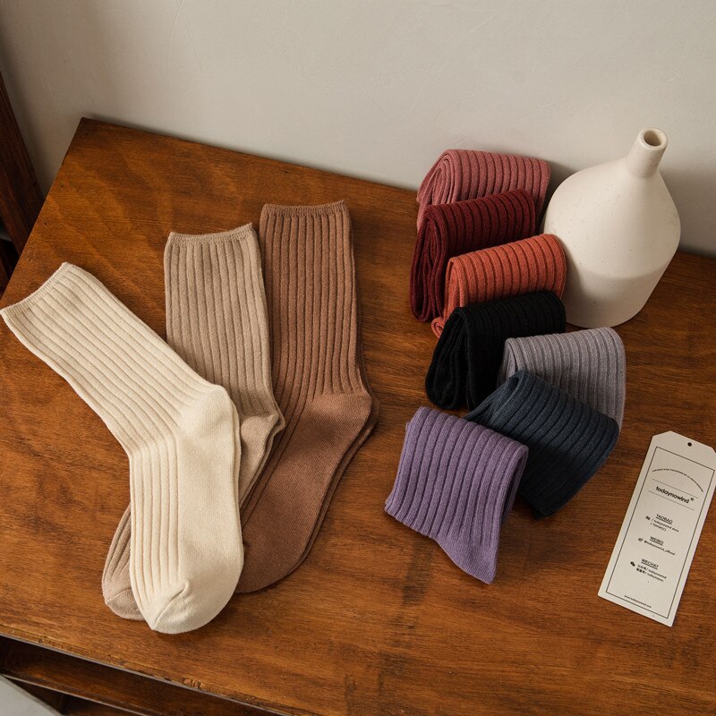 3 par/lote conjuntos de calcetines de mujer de Color sólido Retro calcetines largos de algodón para mujer transpirable estilo japonés Casual calcetín largo de algodón
