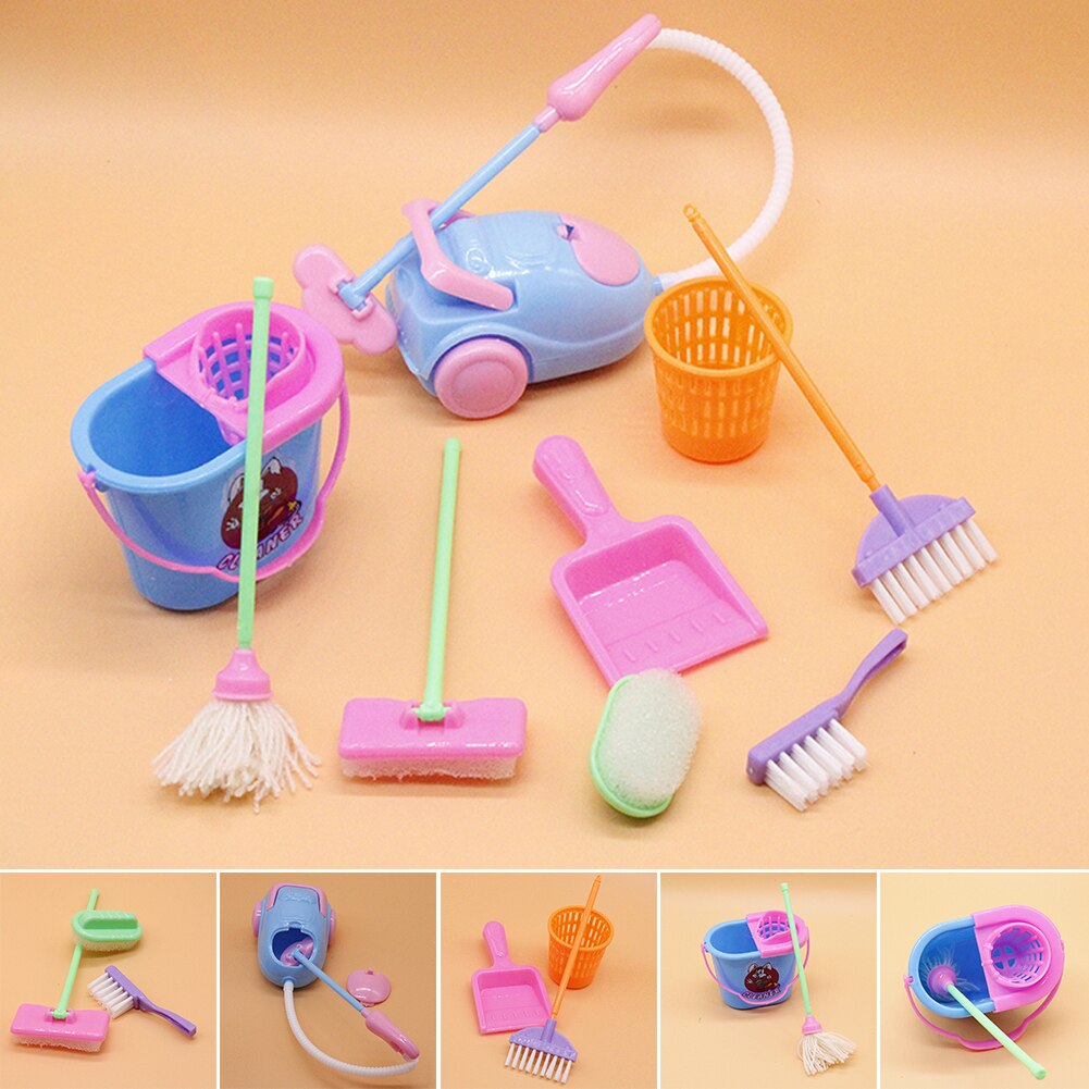 9pcs Bucket Pretend Toys Kit Baby Cleaning Tools Broom Educational Sweeping Brush Colorful Mop Kids Play Housekeeping