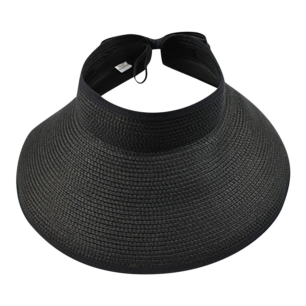 Women’s Summer Wide Brim Visor Hat Foldable Straw Sun Visor W/cute Bowtie Hat Sun Visors Hats For Women Ladies Leisure Cap: Black