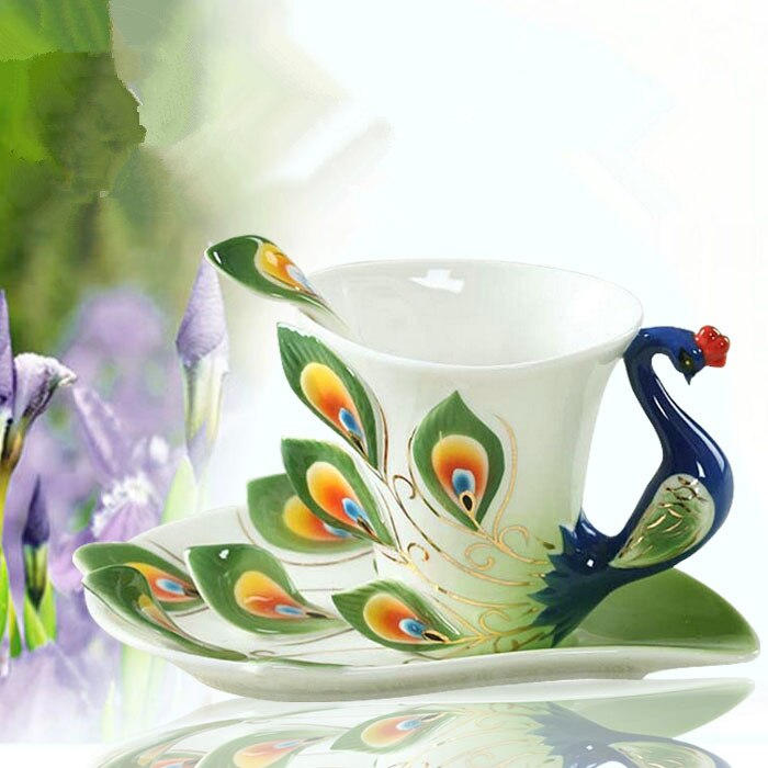 3d påfugle emalje kaffe krus kop sæt keramisk te mælk drinkware kina ben ven: Lysegrøn