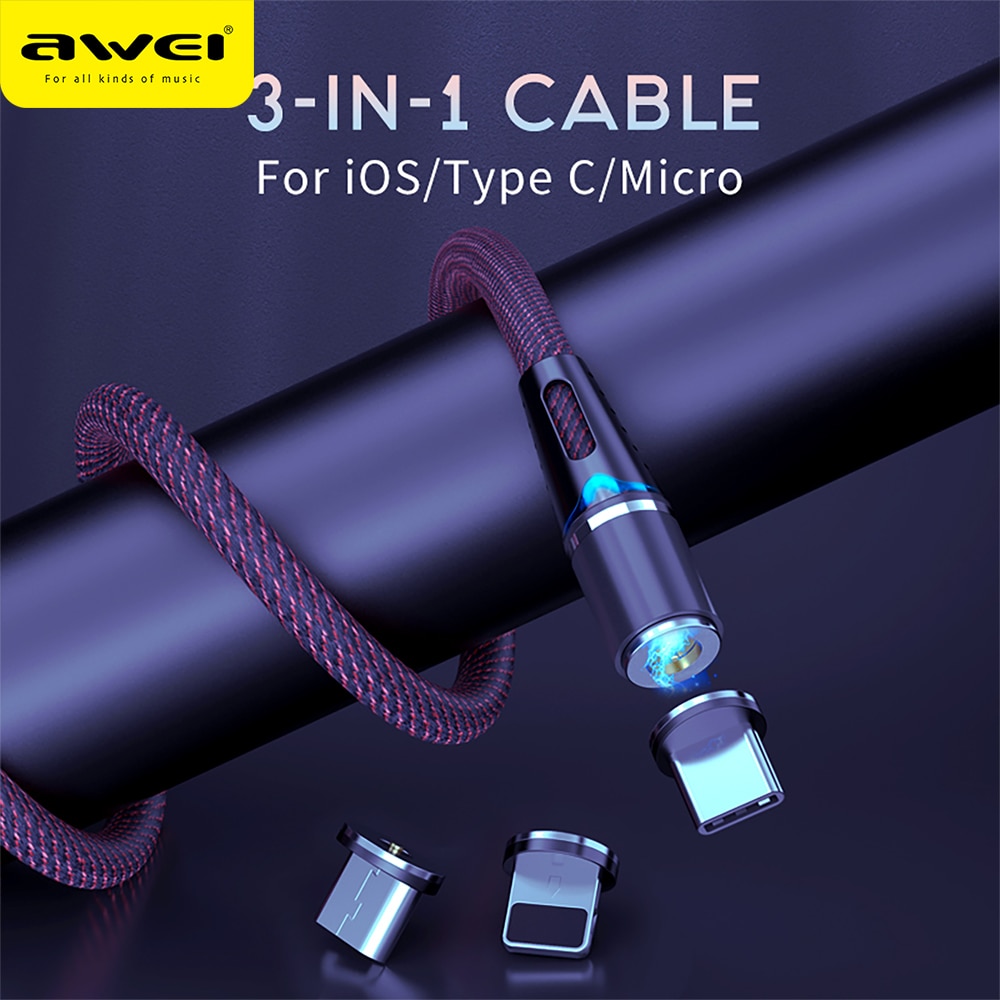 Awei led magnetische kabel 3 in 1 oplaadkabel snel 360 graden type c usb-kabel micro usb magnetische oplader snel voor mobiele telefoon