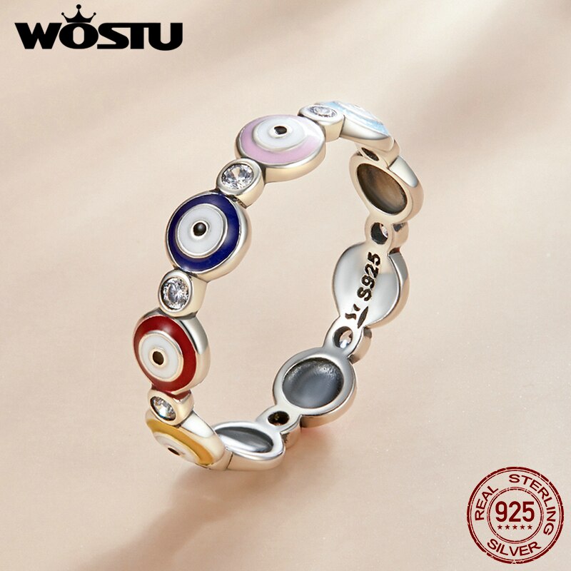 WOSTU 925 Sterling Silver Rings Demon Eye Rainbow Heart &amp; Paw Colorful Finger Rings For Women Female Fine Jewelry