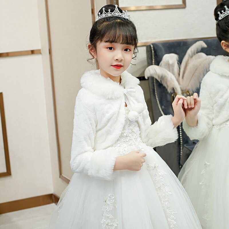 Long Sleeve Girls Faux Fur Jacket Bridesmaid Birthday Party Wedding Jacket for Flower Girls Dress Wraps Coat Cloak Bolero Cape