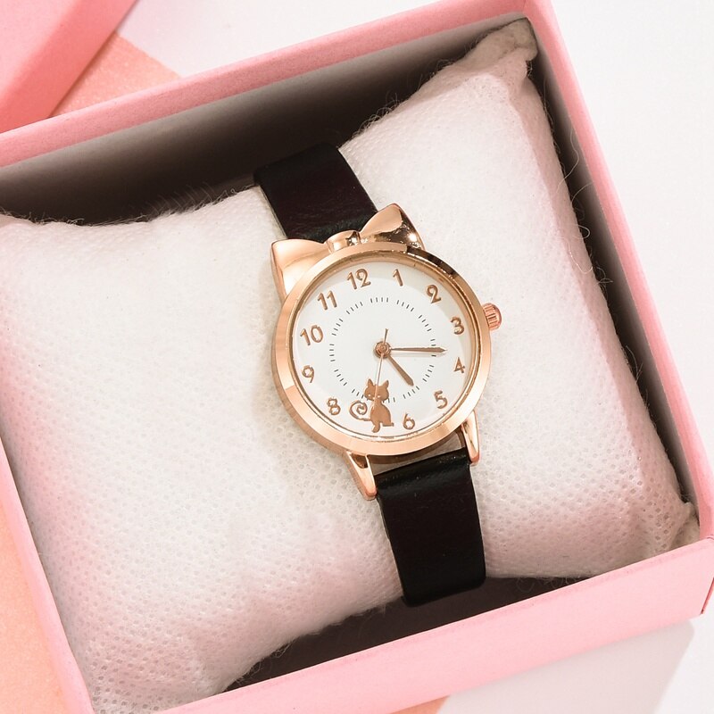 Kids Horloges Studenten Kinderen Roze Horloge Meisjes Lederen Kind Uur Kat Quartz Horloge Meisje Klokken: XR4428-BK No Box