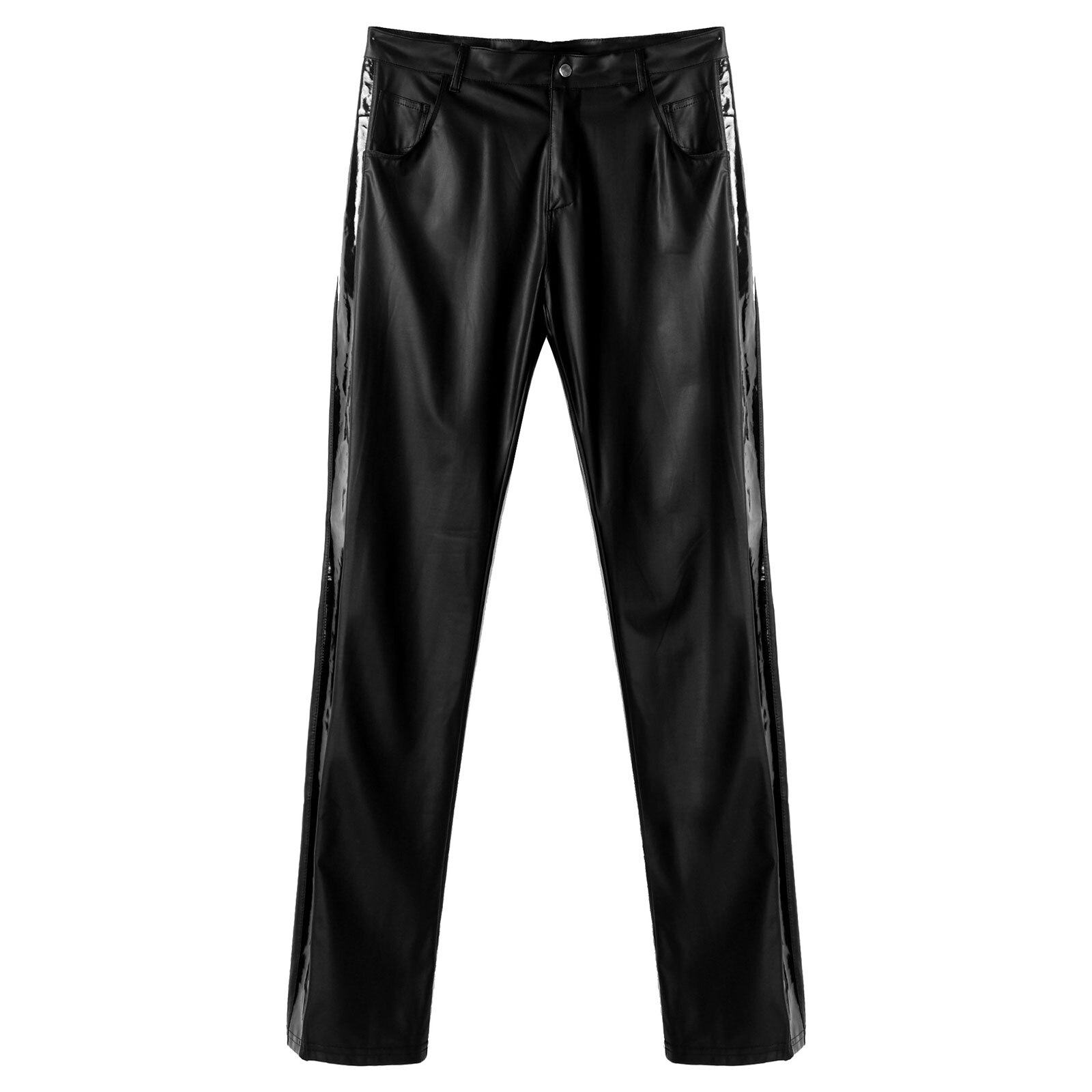 Men Black Long Pants Wet Look Faux Leather Patchwork Legging Pants Clubwear Motorcycle Mid Waist Trousers with Pockets: XXL