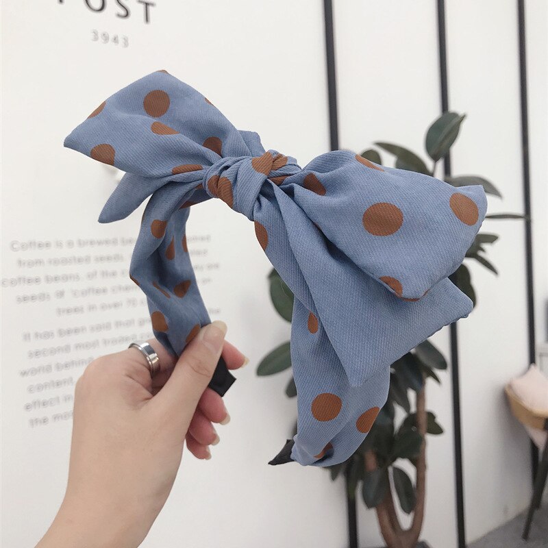 South Korea Style Autumn And Winter Flannel Polka Dot Contrast Color Double Layer Bow Large Rims Hair Bands Headband Pressur: Blue