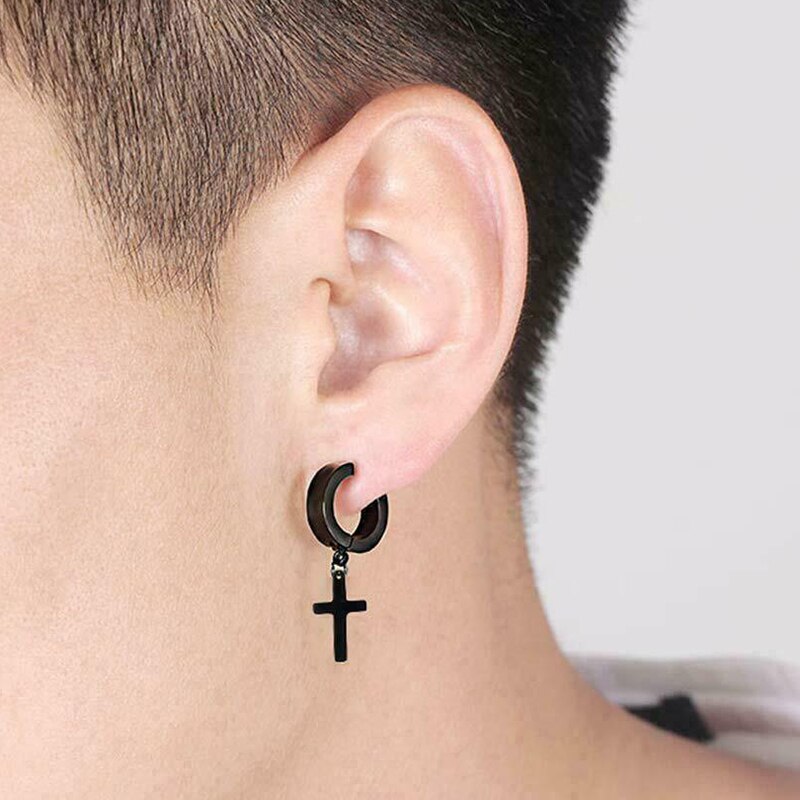 1 par gotiske smykker langhængende øreringe dangle cross øreringe mand runde øreringe rustfrit stål øreringe til kvinder