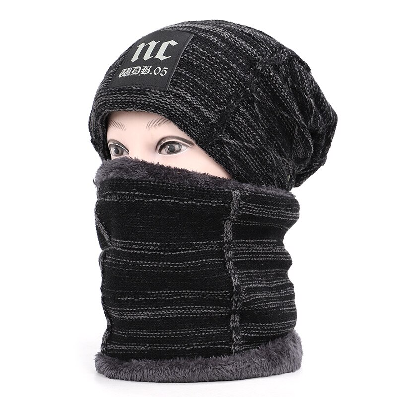 Nc label herr och dam bomullsmössa scarf kostym herr vintermössa scarf 2 delar set plus sammet tjock utomhus varm mössa: Svart