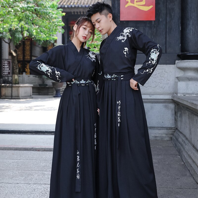 Zwart Borduurwerk Hanfu Vrouwen Mannen Traditionele Dans Kostuums Fee Jurk Zangers Prestaties Kleding Folk Festival Outfit DC3175