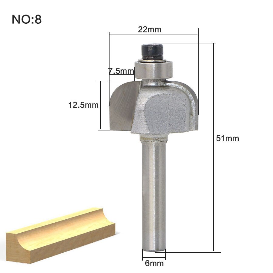1 stk/sæt rundbor med leje 6mm skaft svalehalefræser bit fræser træbearbejdning: No8