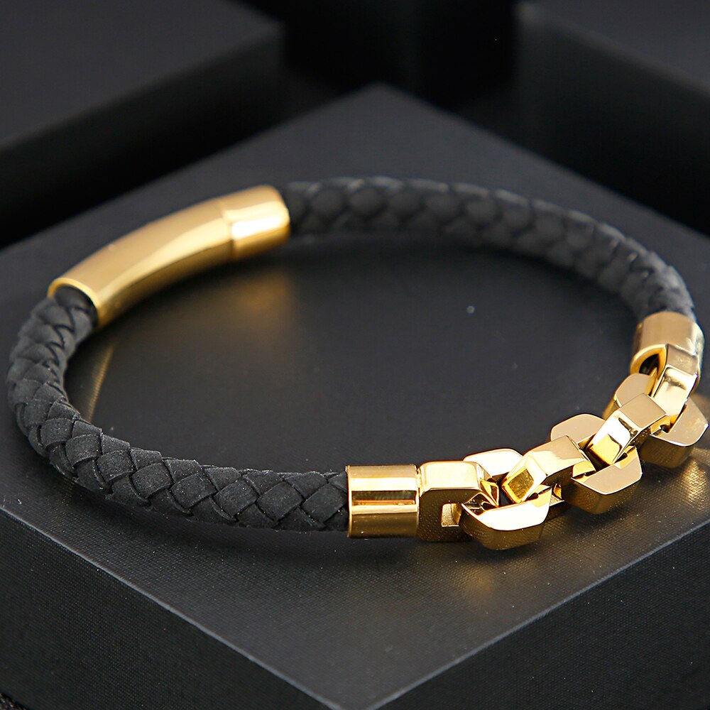 handgefertigt 6MM Breiten Geflochten Leder Armbinde Männer 316L Edelstahl Herren Schmuck wickeln Armreifen Geburtstag Für Freund Ihn