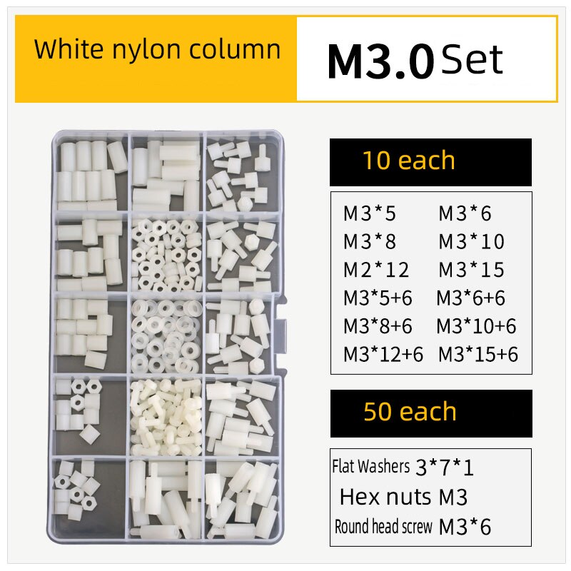 210 st/set  m2 m2.5 m3 m4 svart/vit hex nylon distans distans kolumn platt huvud plast mellanrum skruvar muttrar: Svart