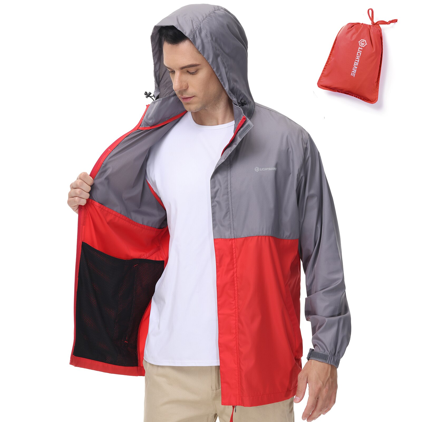 Bassdash Lightbare Series Men’s Lightweight Water Resistant Raincoat Ripstop Packable Breathable Hooded Windbreaker Jacket LB02M: Dark Grey Red / Large