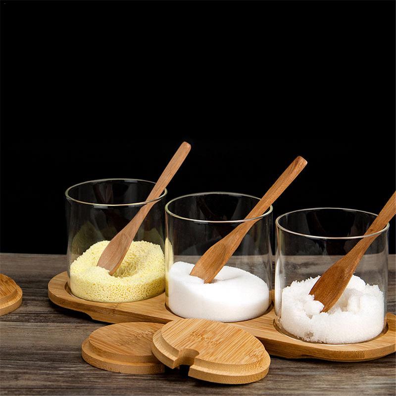 1 Sets Seasoning Box Kitchen Spice Rack Spice Pots Storage Container Salt Pepper Cumin Powder Condiment Jars Wooden Spoon Cover