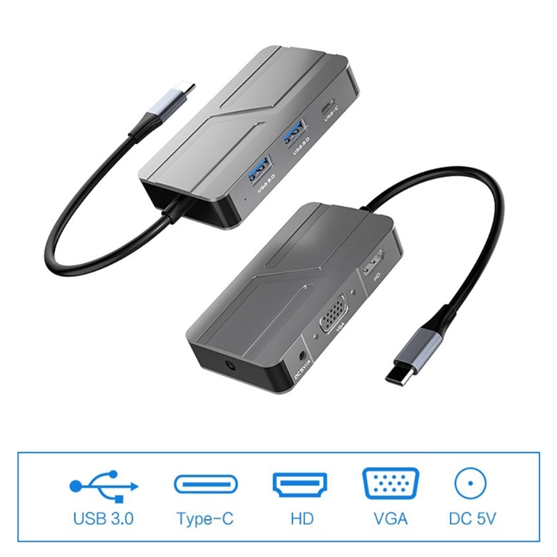 DXAB USB 3,0 Hub Splitter 7 in 1 5Gbps Typ C zu HDMI-kompatibel VGA 1080P Adapter