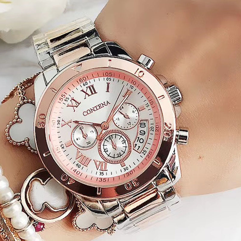 Zegarek damski montre femme Frauen Uhren Damen Quarzuhr Relogio Feminino Original Berühmte Contena Genf Uhr: silver rose gold