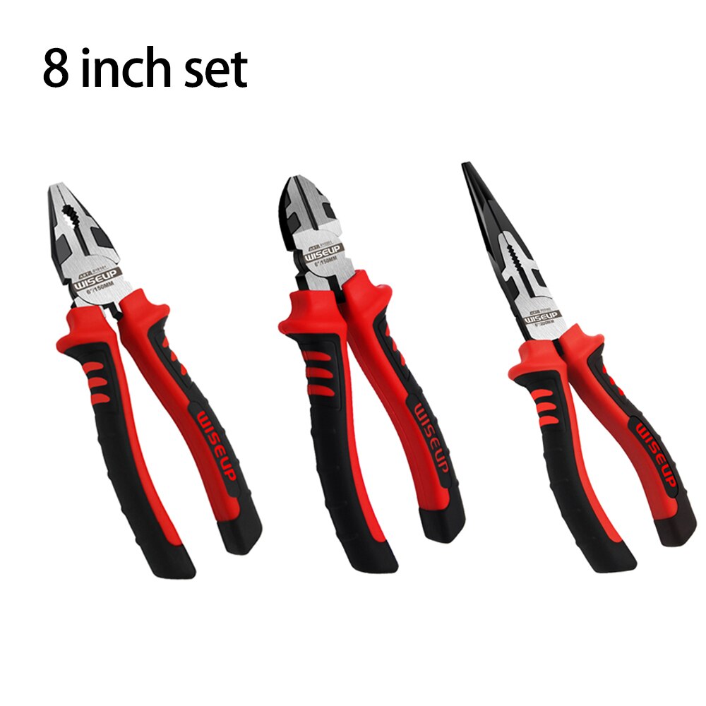WISEUP-Juego de cortador de alambre de acero de grado Industrial, 3 piezas, 6 ", 7", 8 ", Universal, pinzas de Punta larga, Diagonal, herramienta de mano: 8 inch set