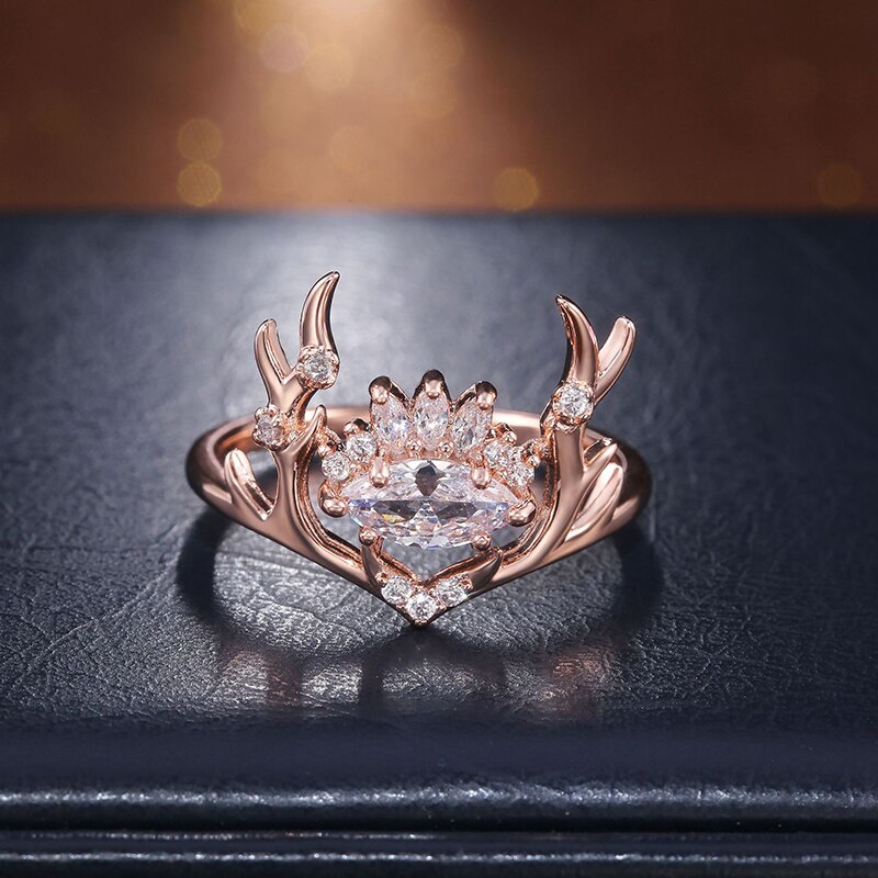 Bagues de luxe en or rose avec corne de cerf pour femme, bijoux de fiançailles, de mariage, de noël, avec incrustations de cristal de zircone blanche