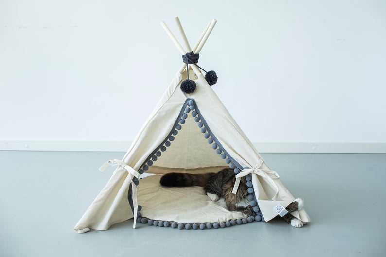 Natural Canvas Pompoms dog teepee pet tent pet teepee tent dog tipi rabbit teepee