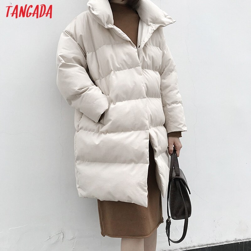 Tangada Vrouwen Solid Oversize Lange Parka Dikke Lange Mouw Knoppen Zakken Vrouwelijke Warme Winterjas Koreaanse Mode ATC02: Beige / L