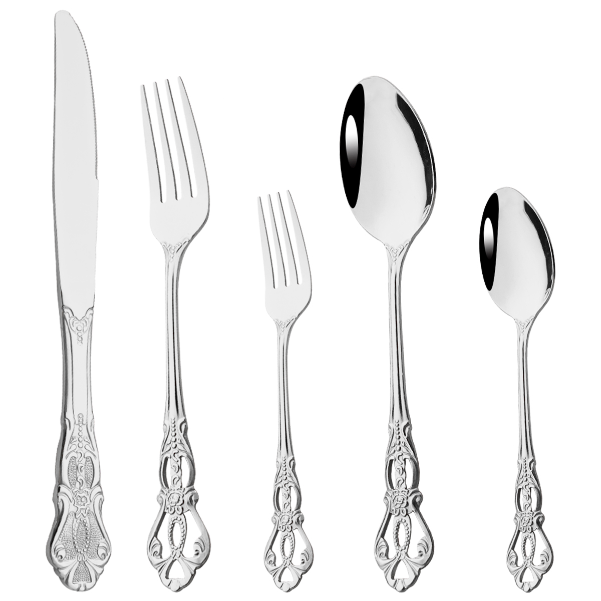 5Pcs Luxury Silver Western Dinnerware Set Stainless Steel Flatware Cutlery Set Home Fork Knife Spoon Tableware Silverware Set: Silver