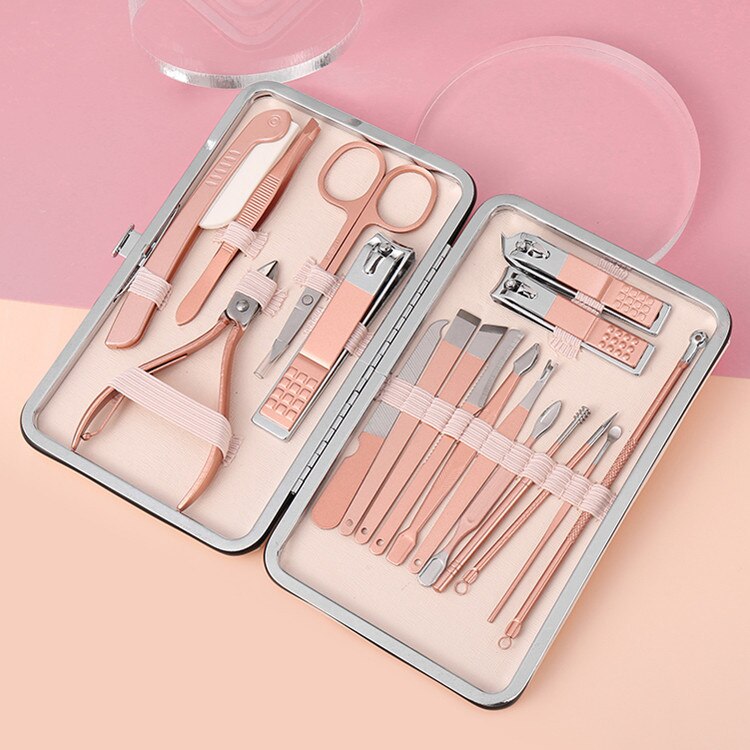 Pink Stainless Steel Nail Clipper Set 7-piece Pedicure Knife Beauty Tweezers Nail Manicure Set Nail Tools Toe Nail Clippers: pink 18 pcs set