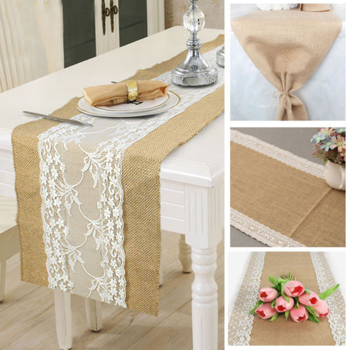 Aa hessian säckväv bordslöpare weding blomma spetsar naturlig rustik vintage dekor